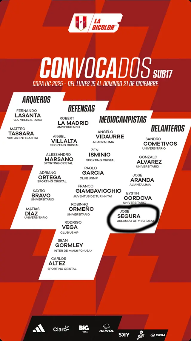 Jose Segura Peruvian National U17 Team call-up to compete in the Copa UC, on the official roster list published by the Futbol Peruvian Federation
